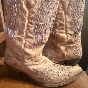 Corral Wing and Cross Pink Sequin Inlay Tan Pointed Toe Cowboy Boots Size 12